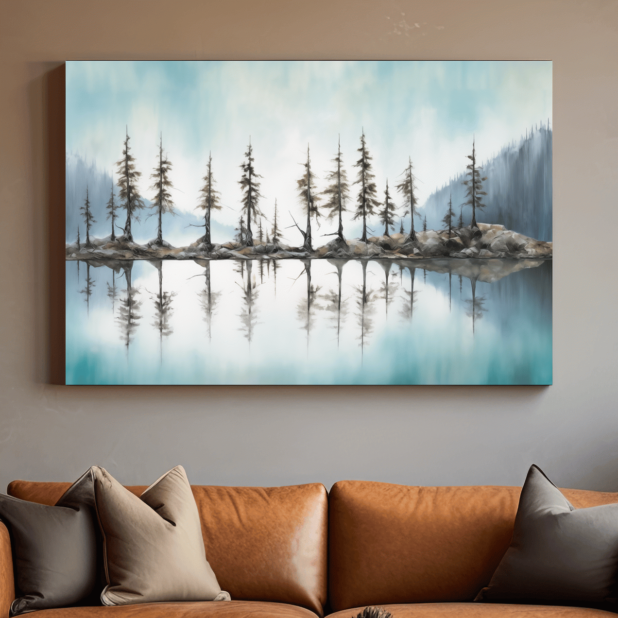 Painting of alpine trees lining a torqouise lake, Pacific Northwest artwork