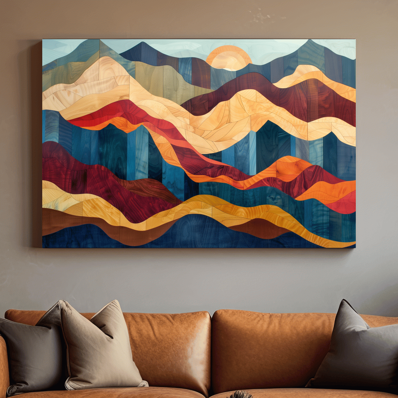 Layered Abstract Mountain Sunset Woodgrain - Mid Century Modern Wall Art