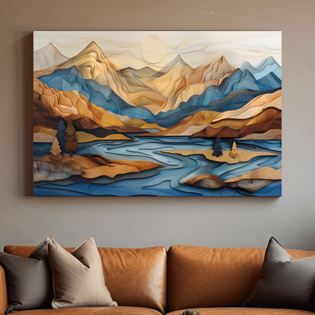 Wood Intarsia Style Alpine Mountain Lake Landscape - Modern Abstract Wall Art