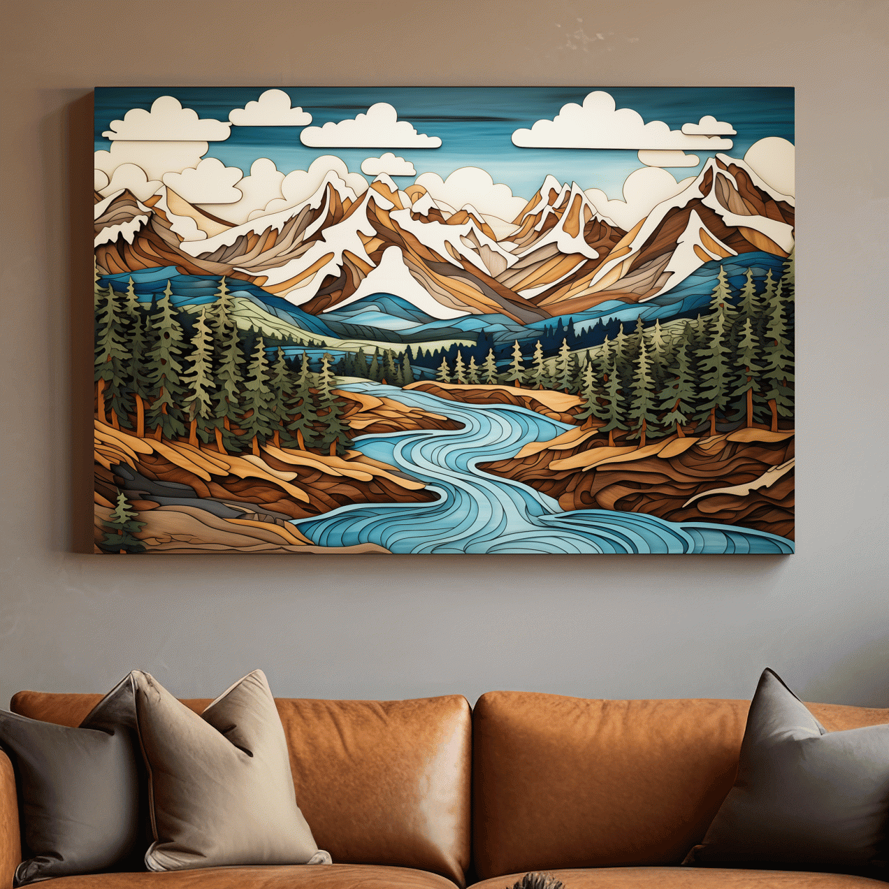 Intarsia Style Mountain River Landscape - Rustic Alpine Forest Artwork