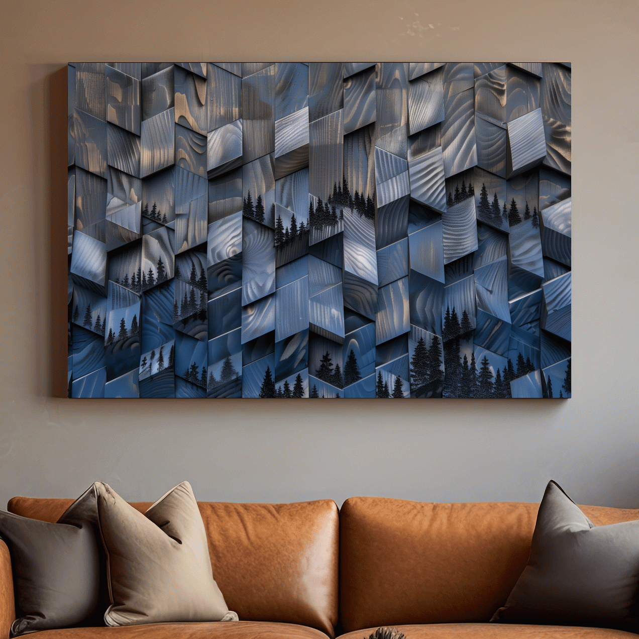 Alpine tree artwork, fragmented geometric wooden cubes pattern, 3d depth effect
