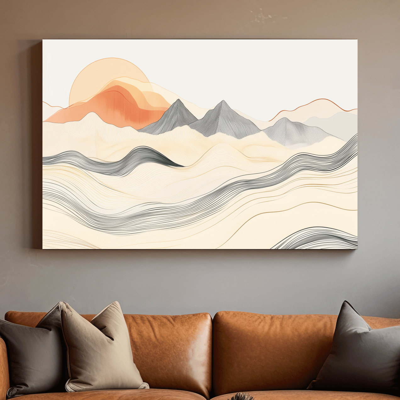 Minimalist Line Art Mountain Sunset - Abstract Landscape Wall Art