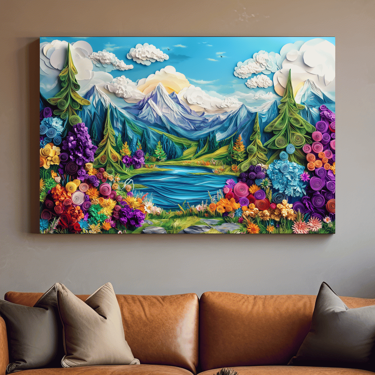 Vibrant alpine meadows artwork, 3D paper quilling effect