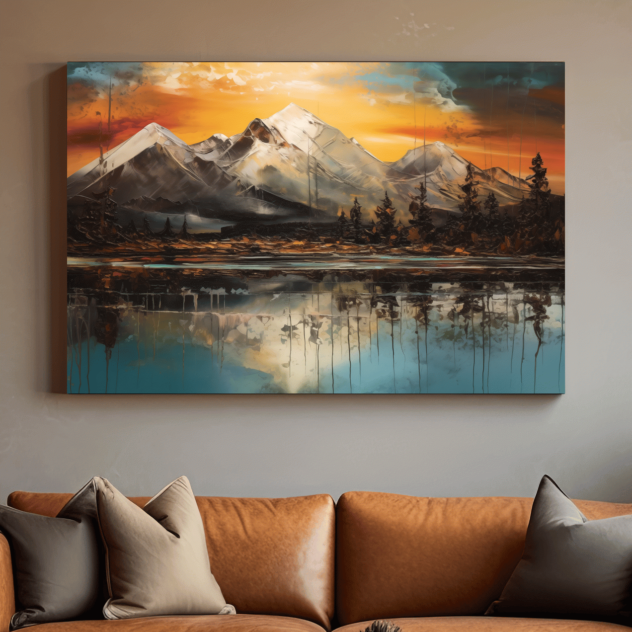 Abstract oil painting of an alpine lake at sunset
