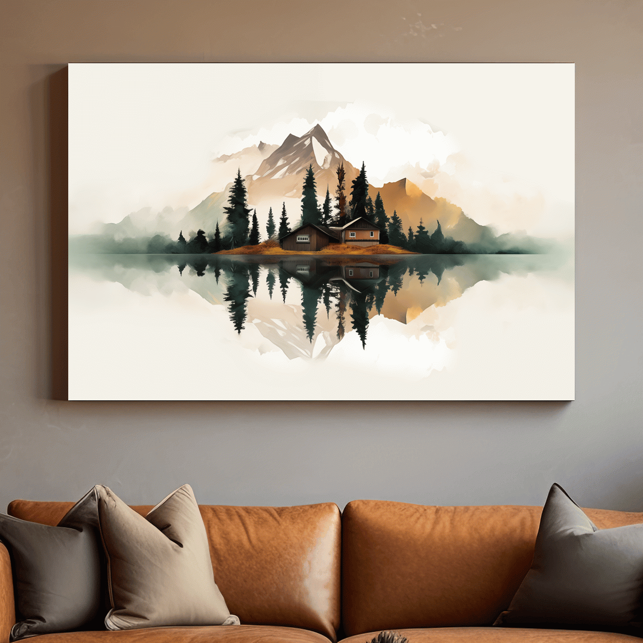 Minimalist art, glacier, lake, cabin, trees