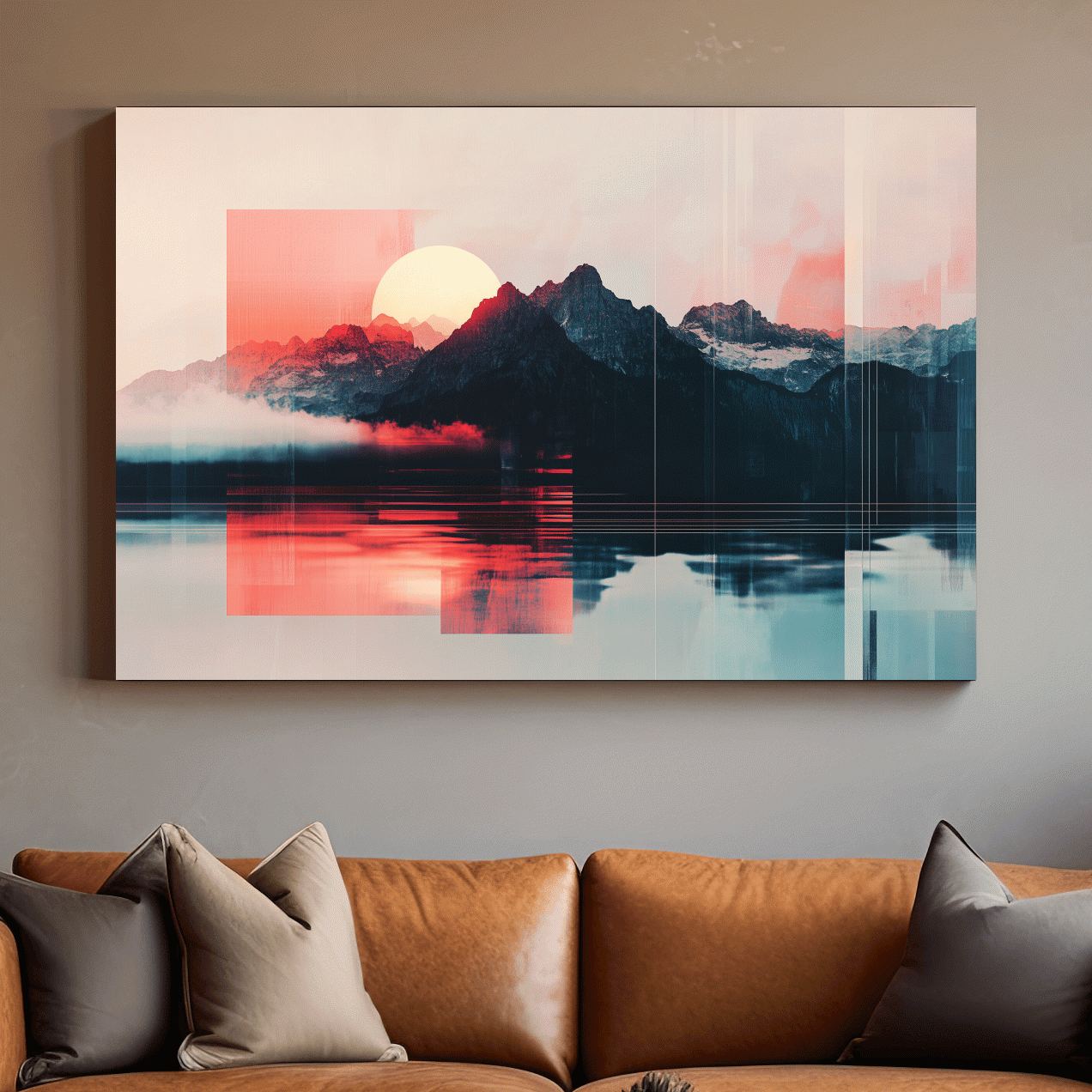 Abstract Alpine Mountain Sunset Reflection - Modern Geometric Glitch Wall Art