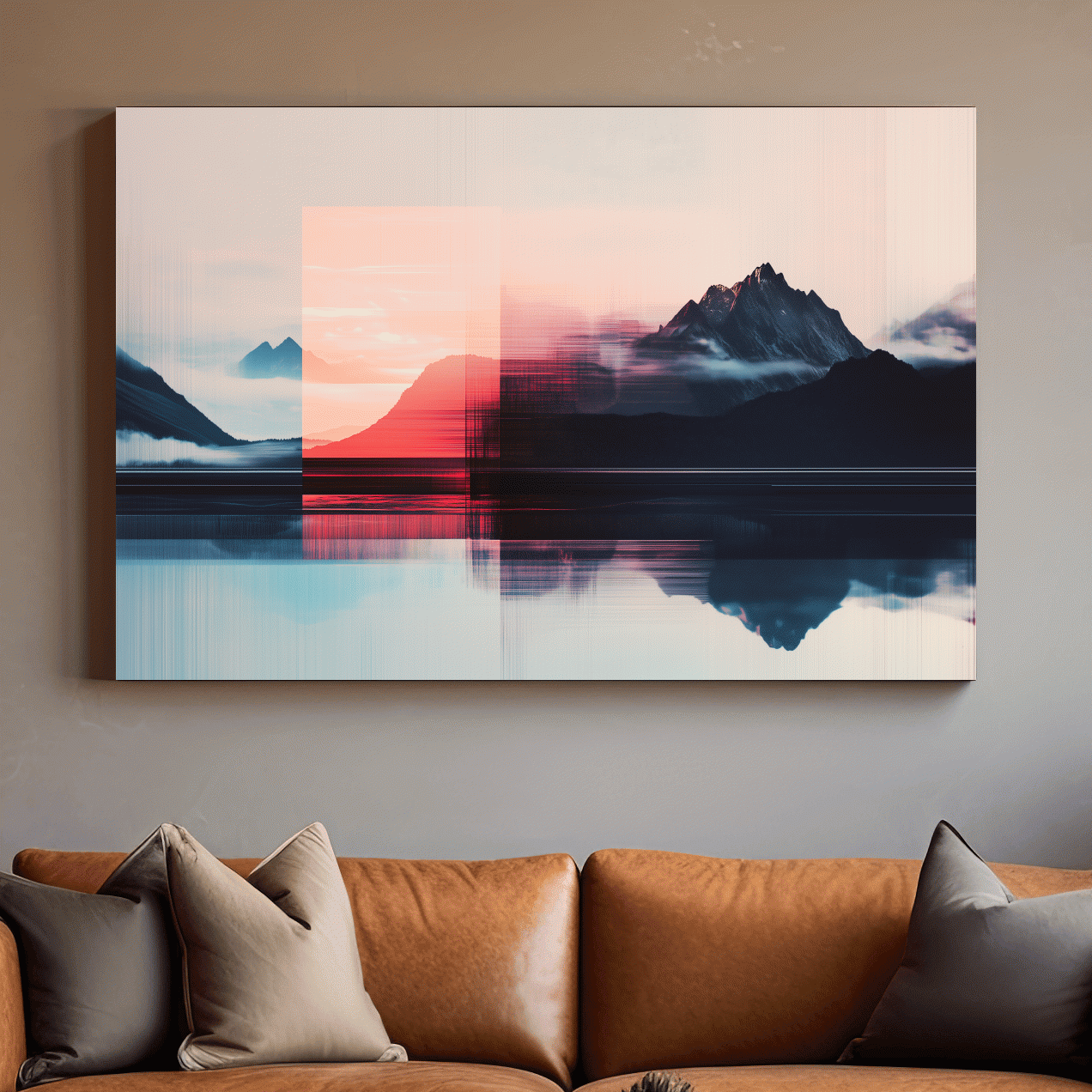 Mountains in the clouds at sunset, glitched wall art effect