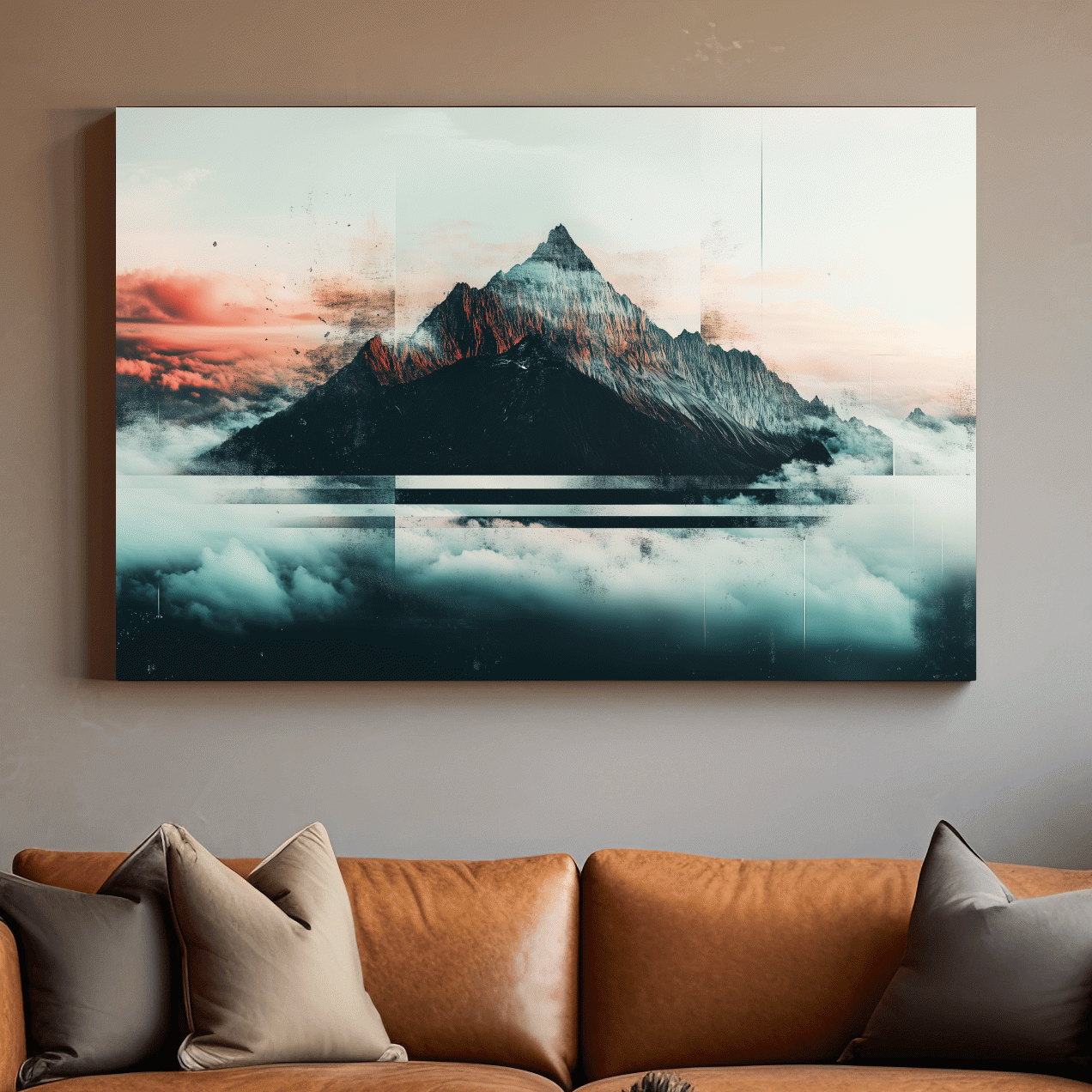 Mountain peak in the clouds at sunset, glitch style artwork
