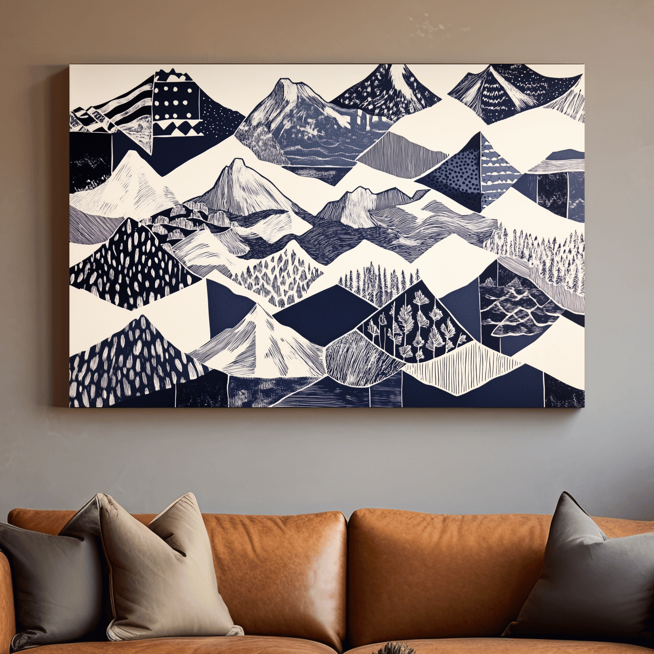 Linocut Patchwork Mountain Range Illustration - Modern Landscape Artwork