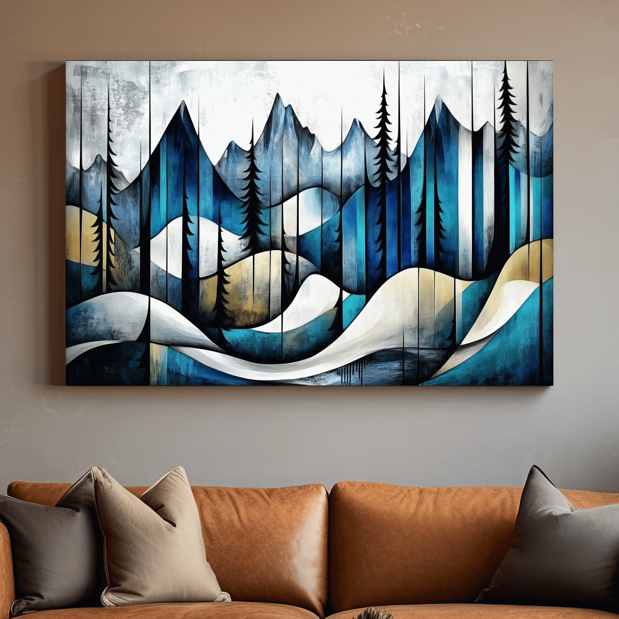 Abstract mountain painting, trees in the alpine, textured effect