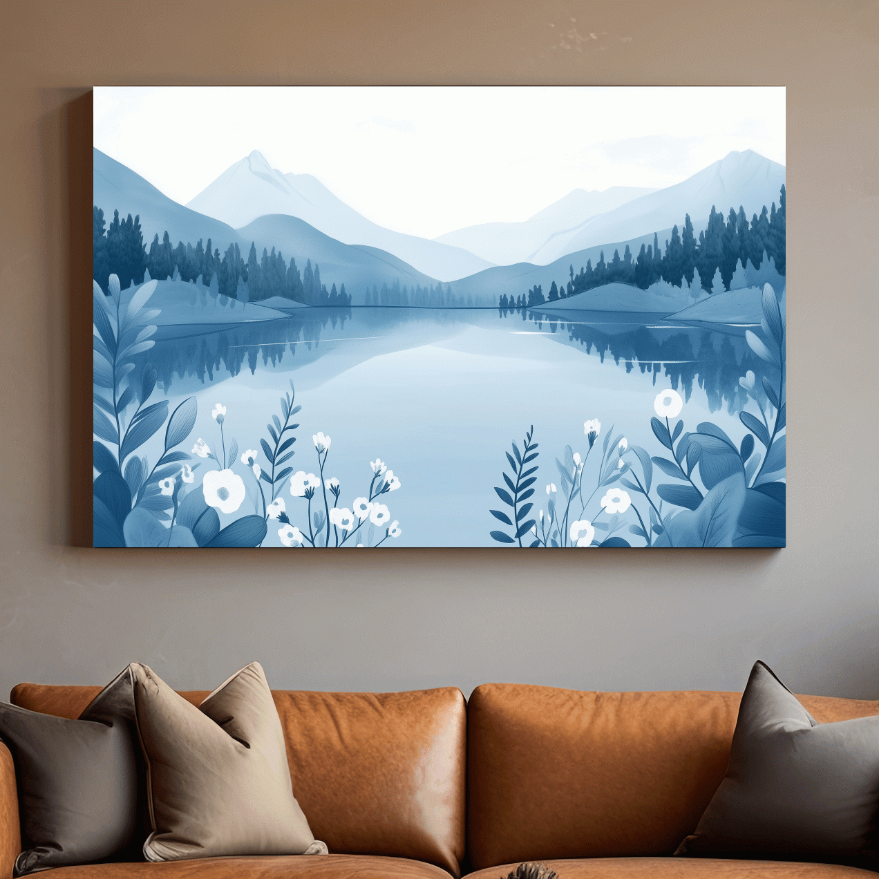 Serene landscape wall art, view over an alpine lake