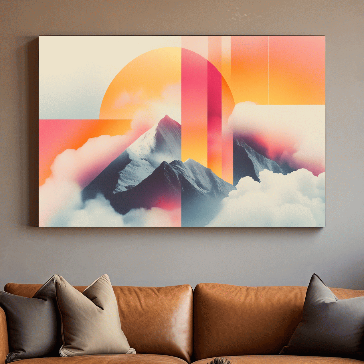 Retro style mountain wall art, sunset in the clouds