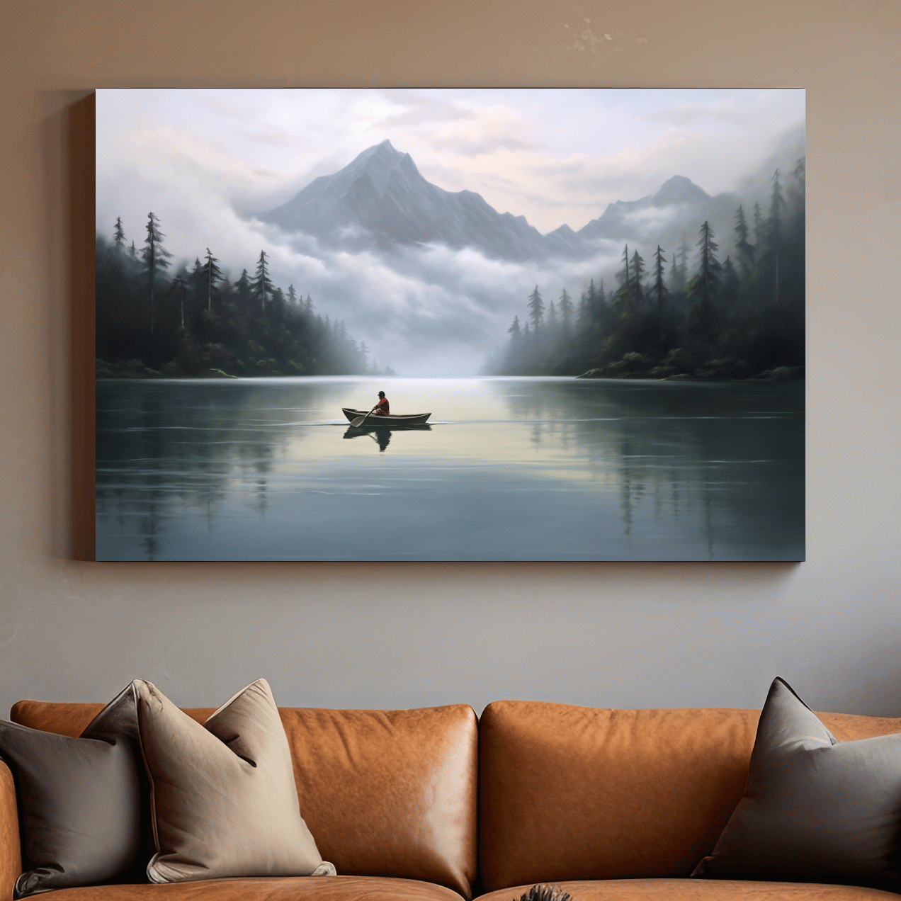 Misty Mountain Alpine Lake Canoe Scene - Serene Landscape Wall Art