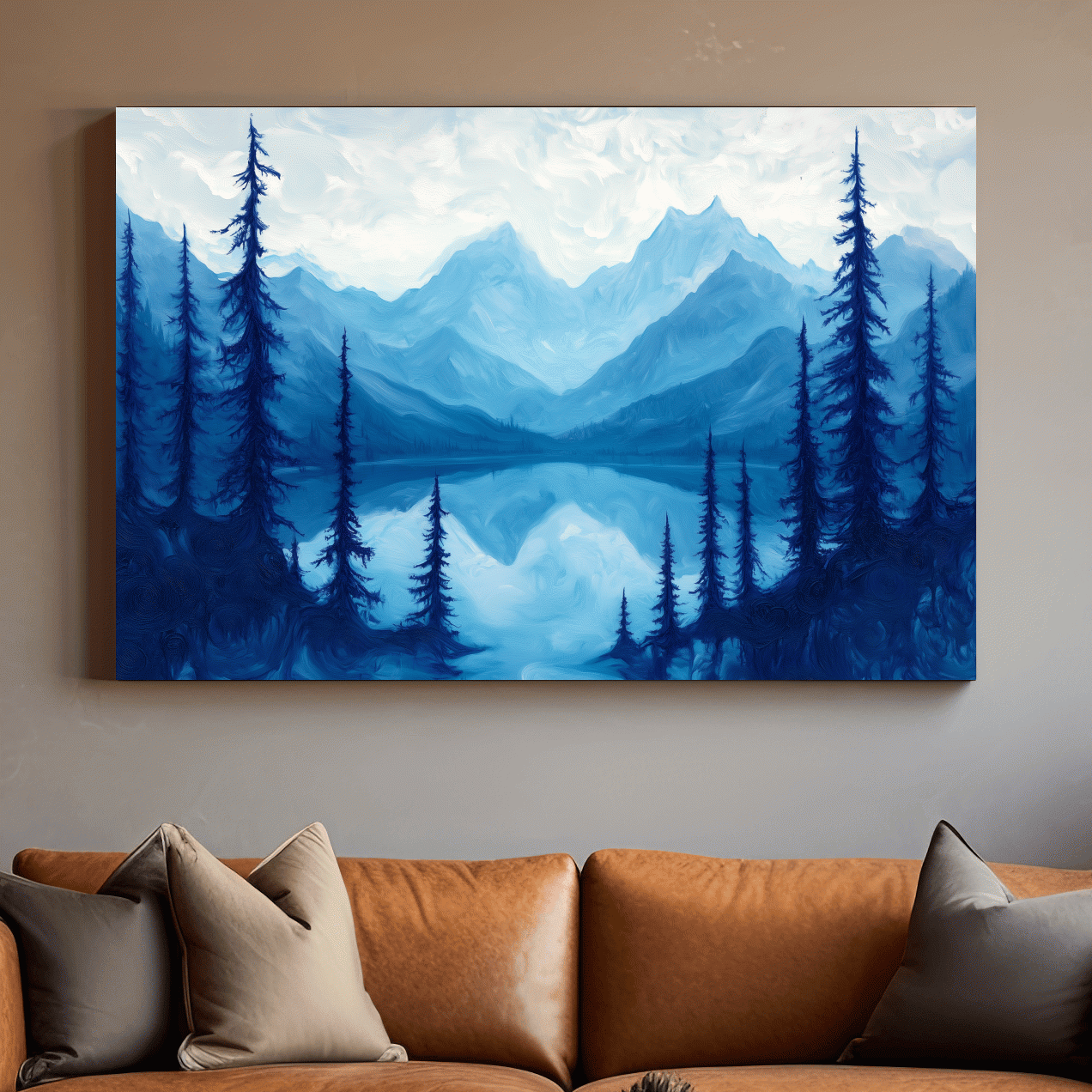 Serene Blue Mountain Lake Oil Painting - Alpine Forest Landscape Artwork
