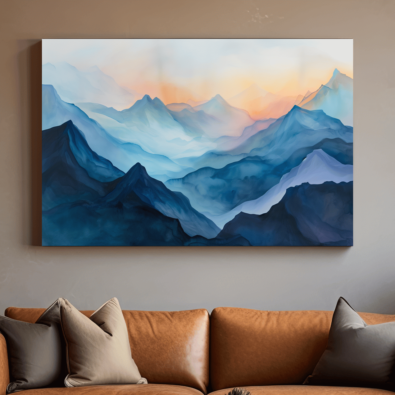 Abstract mountain painting, colourful mountain ranges at sunrise