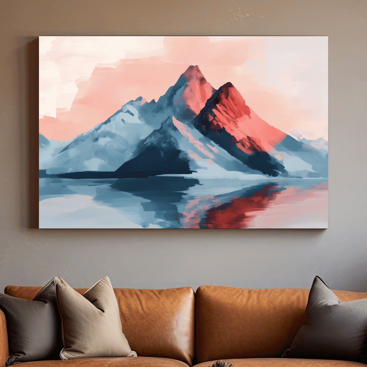 Pastel mountain painting at sunset, glacier reflecting on a lake