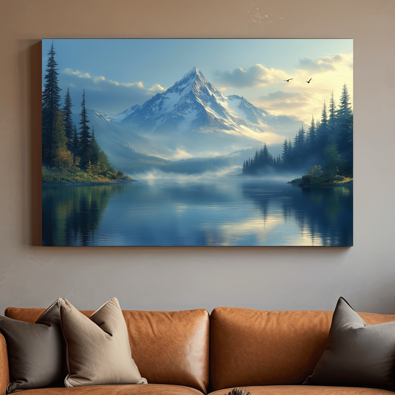 Beautiful misty alpine lake and forest beneath a glacier at sunset, photographic wall art