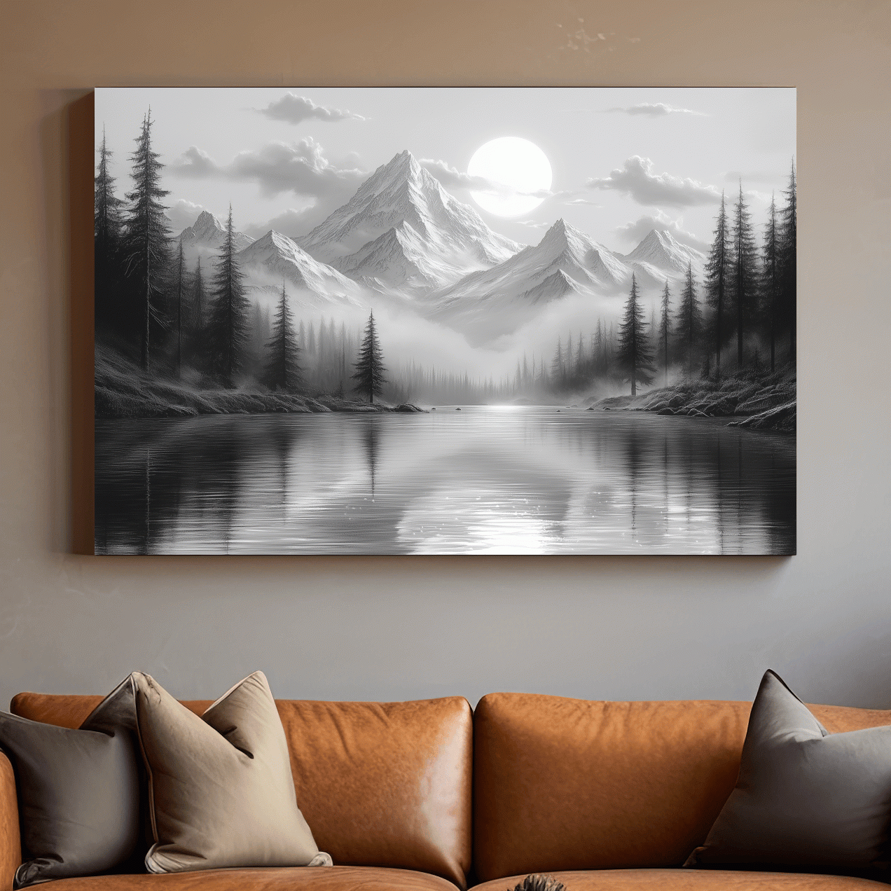 Misty forest and alpine lake beneath a glacier, black and white wall art