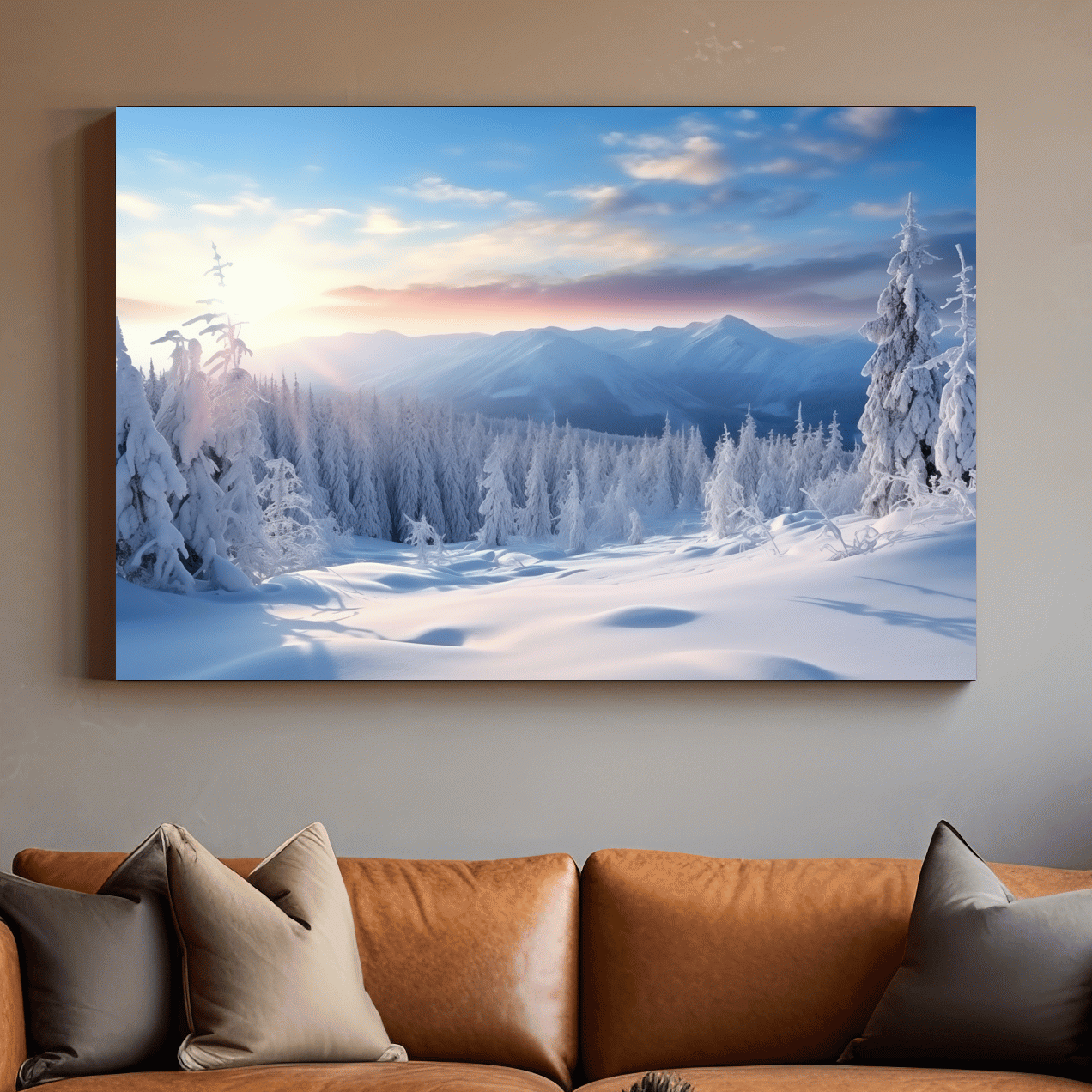 Serene Winter Mountain Sunrise Artwork - Snowy Pine Forest Photographic Wall Art