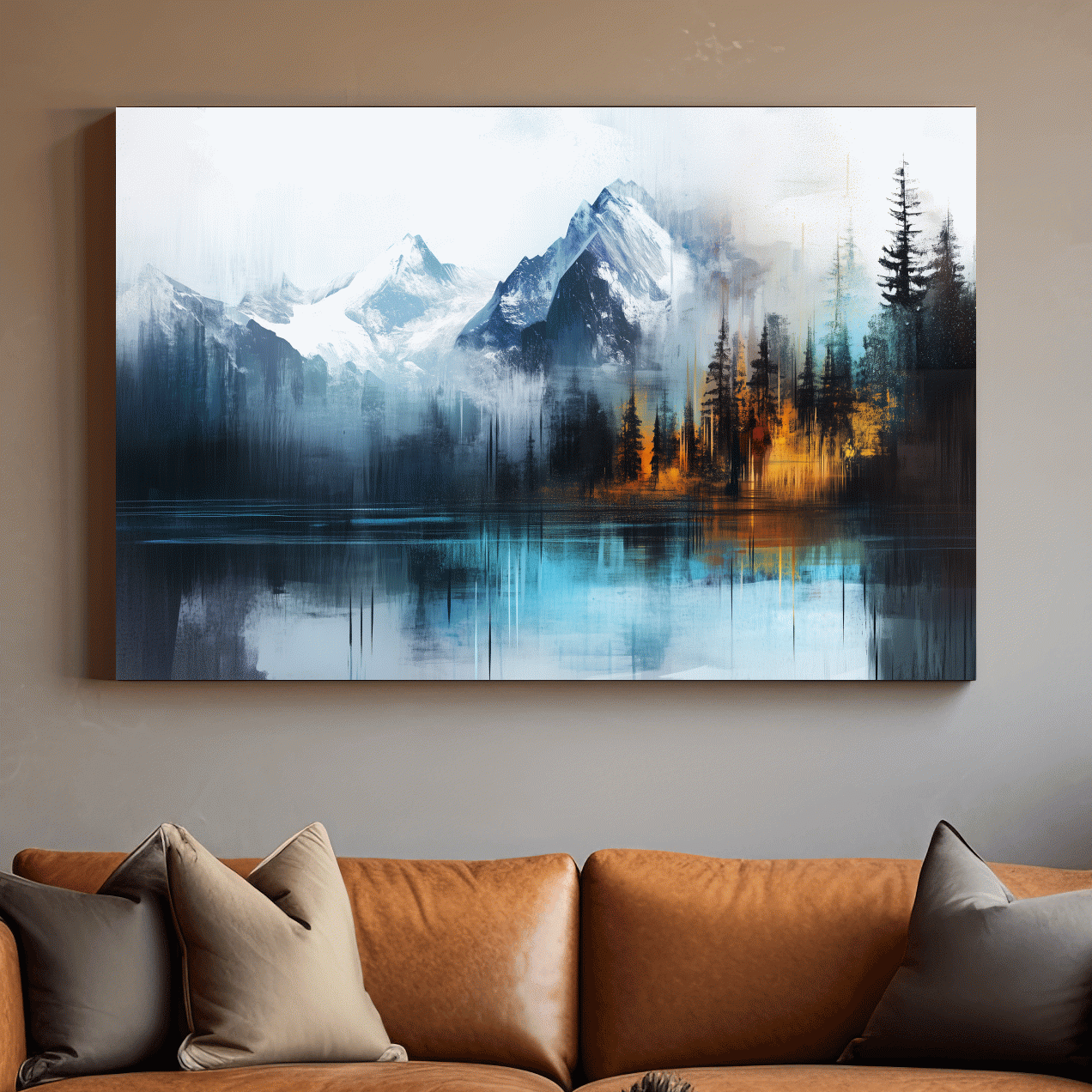 Abstract mountain painting wall art, glacier, lake and forest