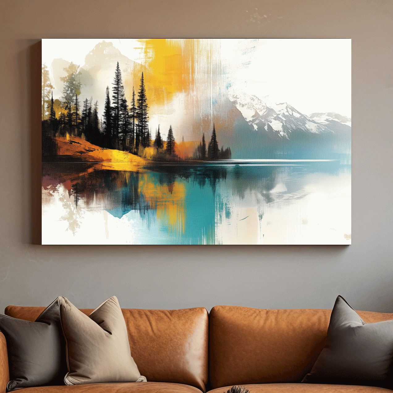Colorful Abstract Mountain Lake Reflection Painting - Forest Landscape Wall Art