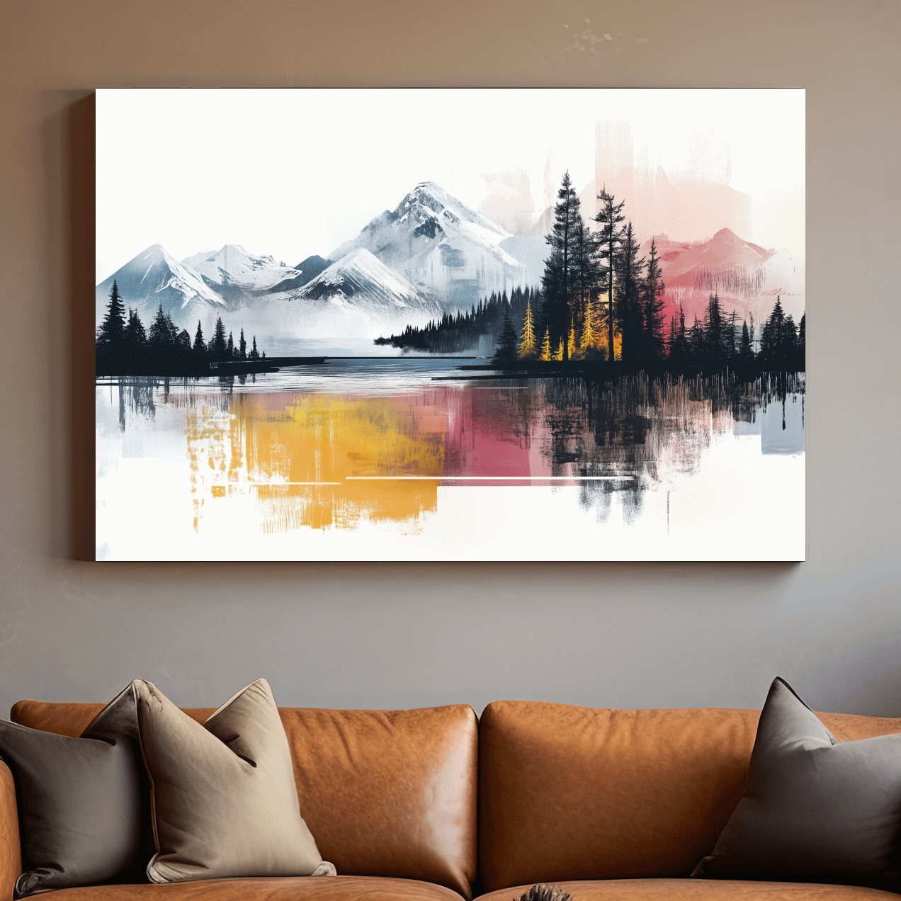 Colorful abstract mountain painting, glacial lake and forest wall art