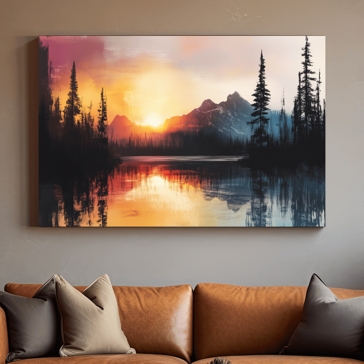 Abstract mountain art painting, sunset over a lake and forest