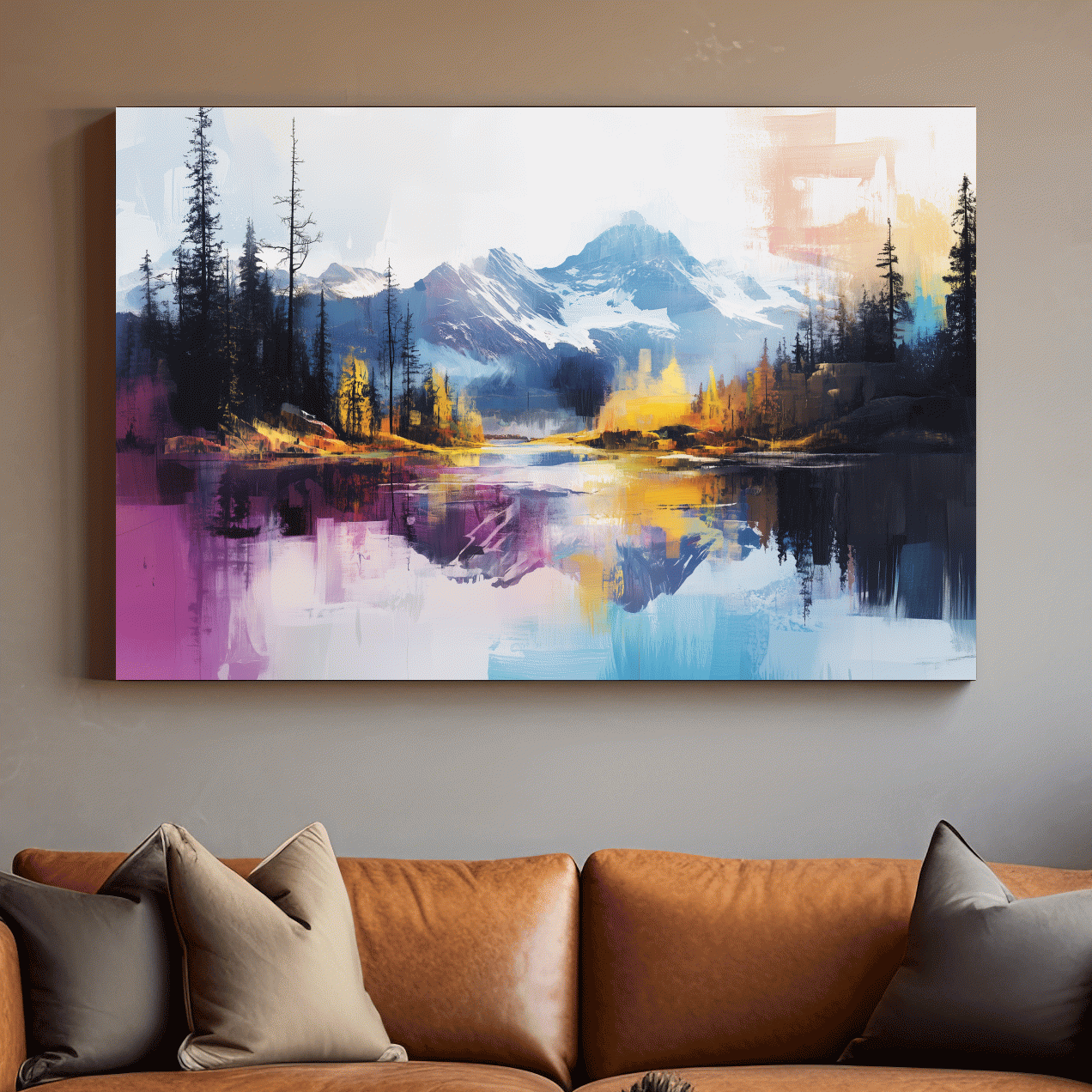 Vibrant Abstract Mountain Lake Reflection Painting - Colorful Modern Landscape Wall Art
