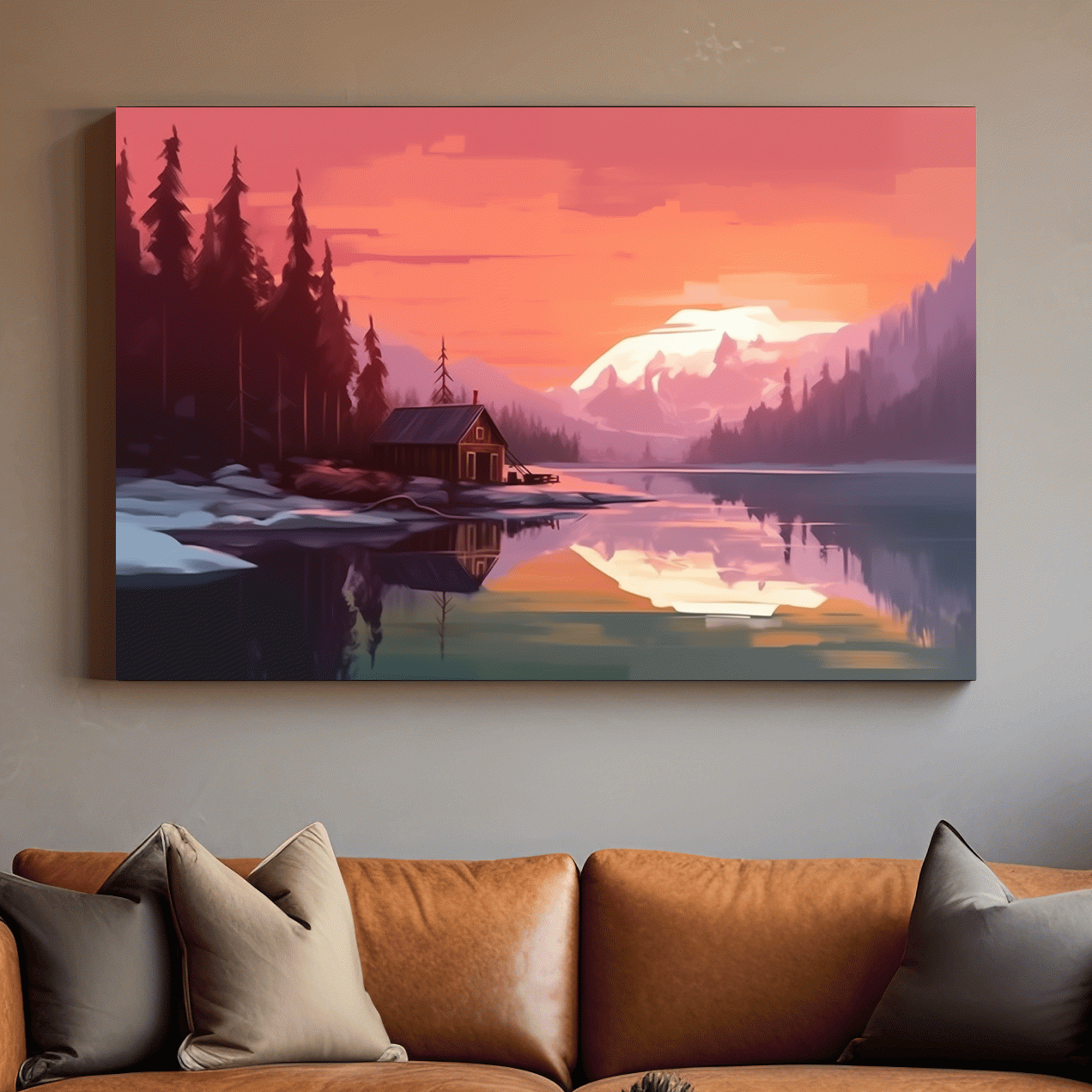 Mountain art painting, cabin by a lake at sunset