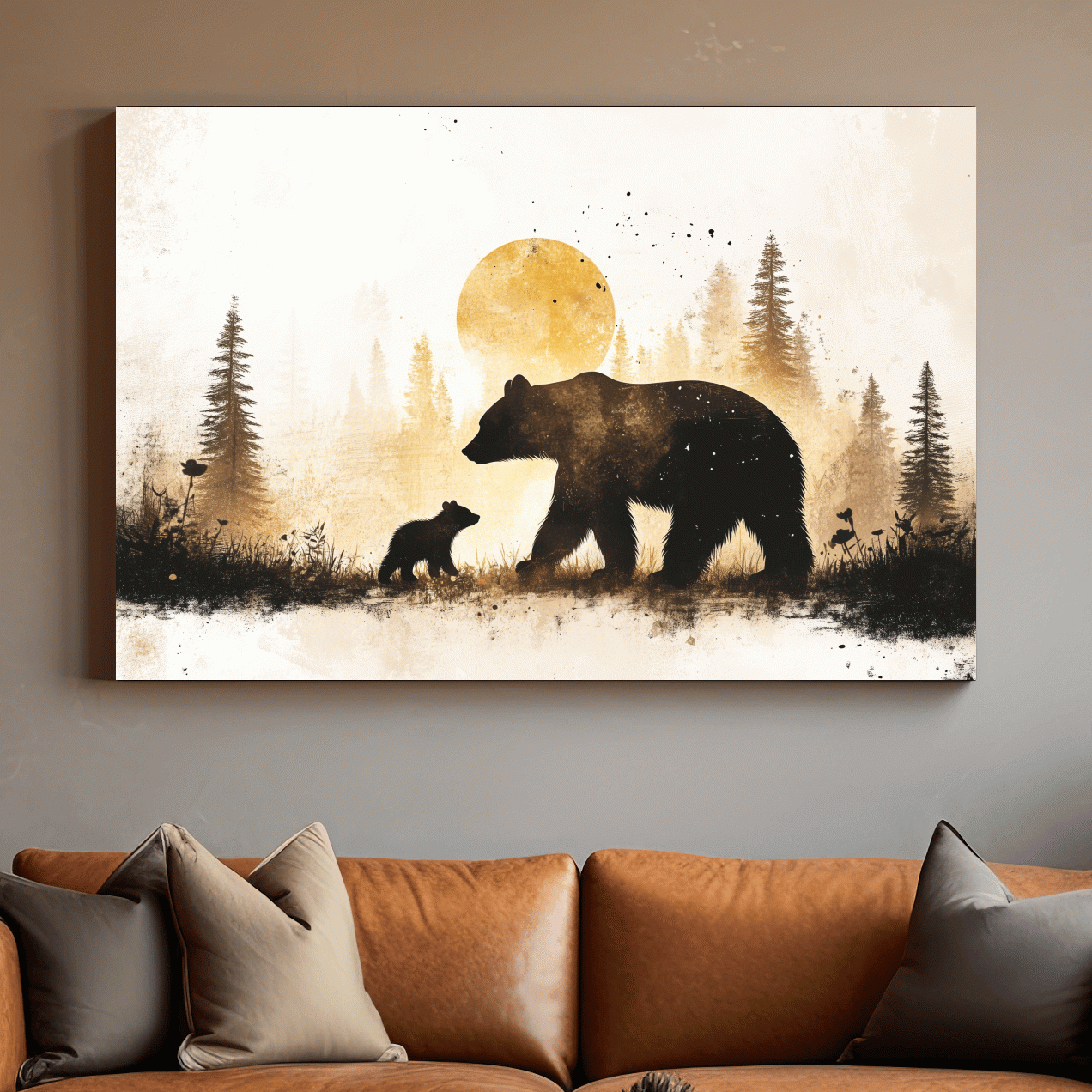 Momma bear and her cub in the forest, textured illustration wall artwork