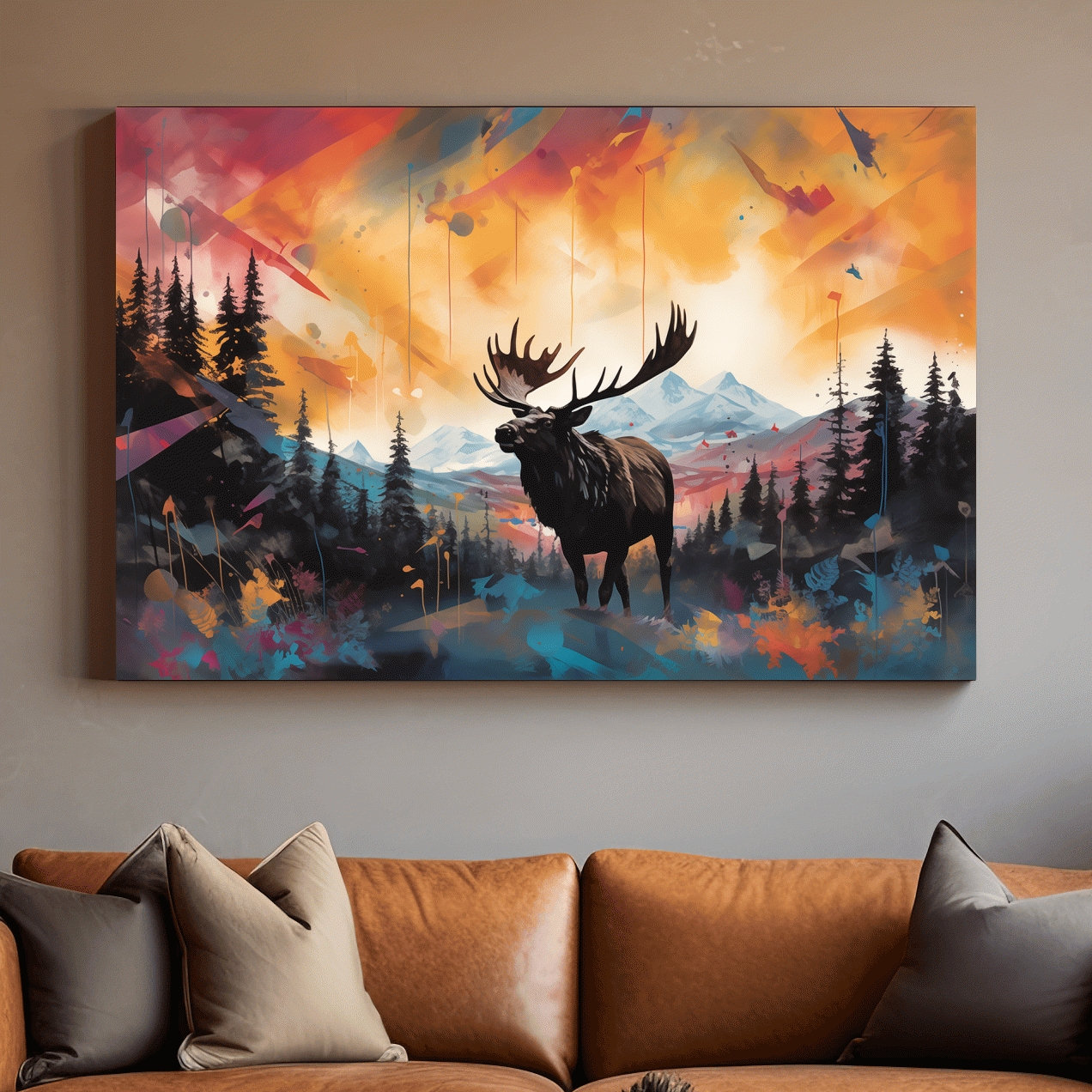 Abstract vibrant painting of a moose in forest scenery