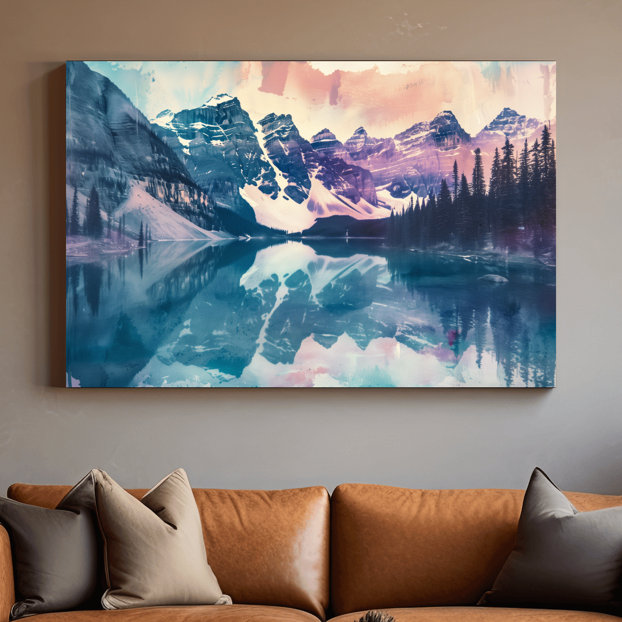 Valley of the Ten Peaks, Moraine Lake Banff. Watercolour painting postcard style mountain artwork