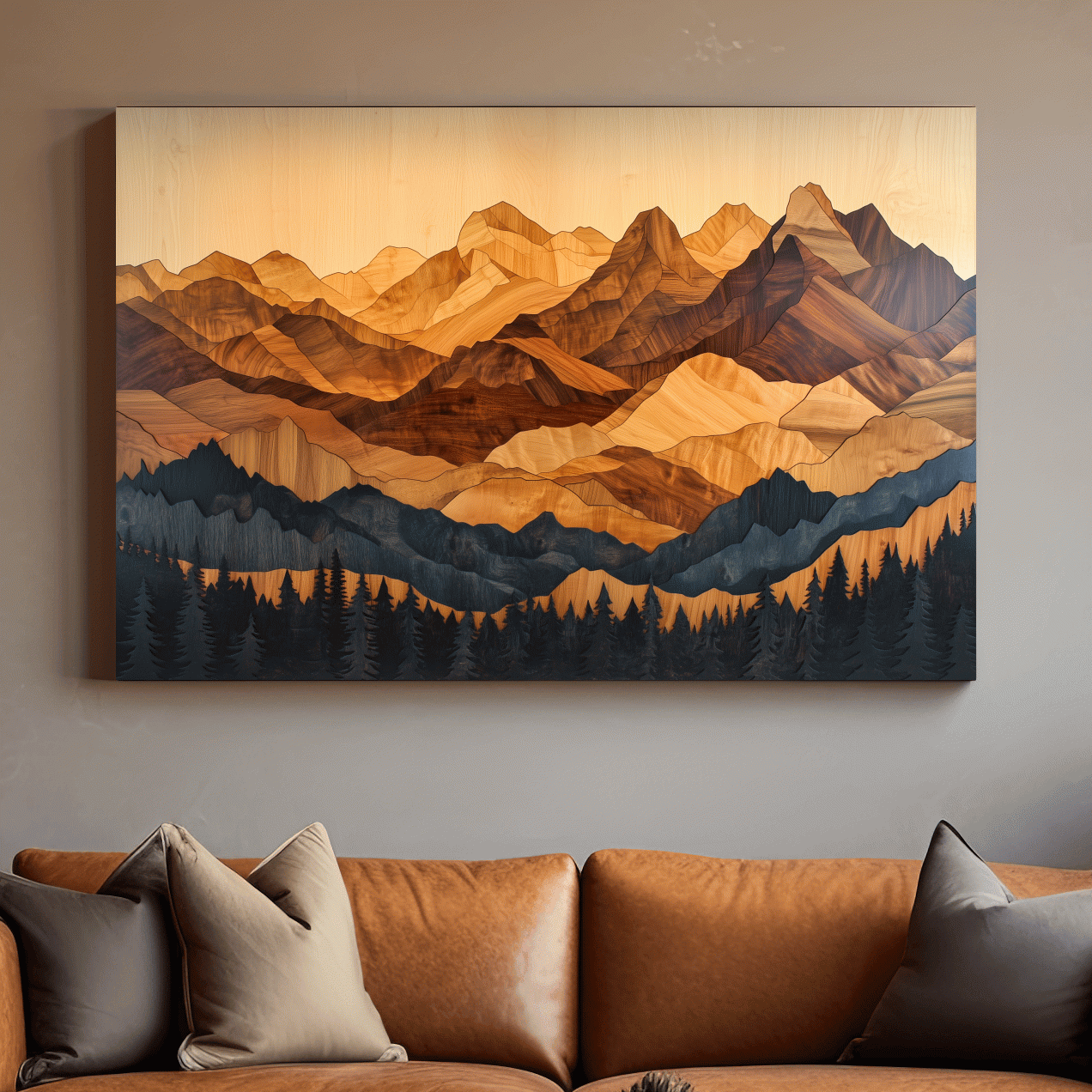 Mountain and forest wall art, 3d wood intarsia style layered wood effect