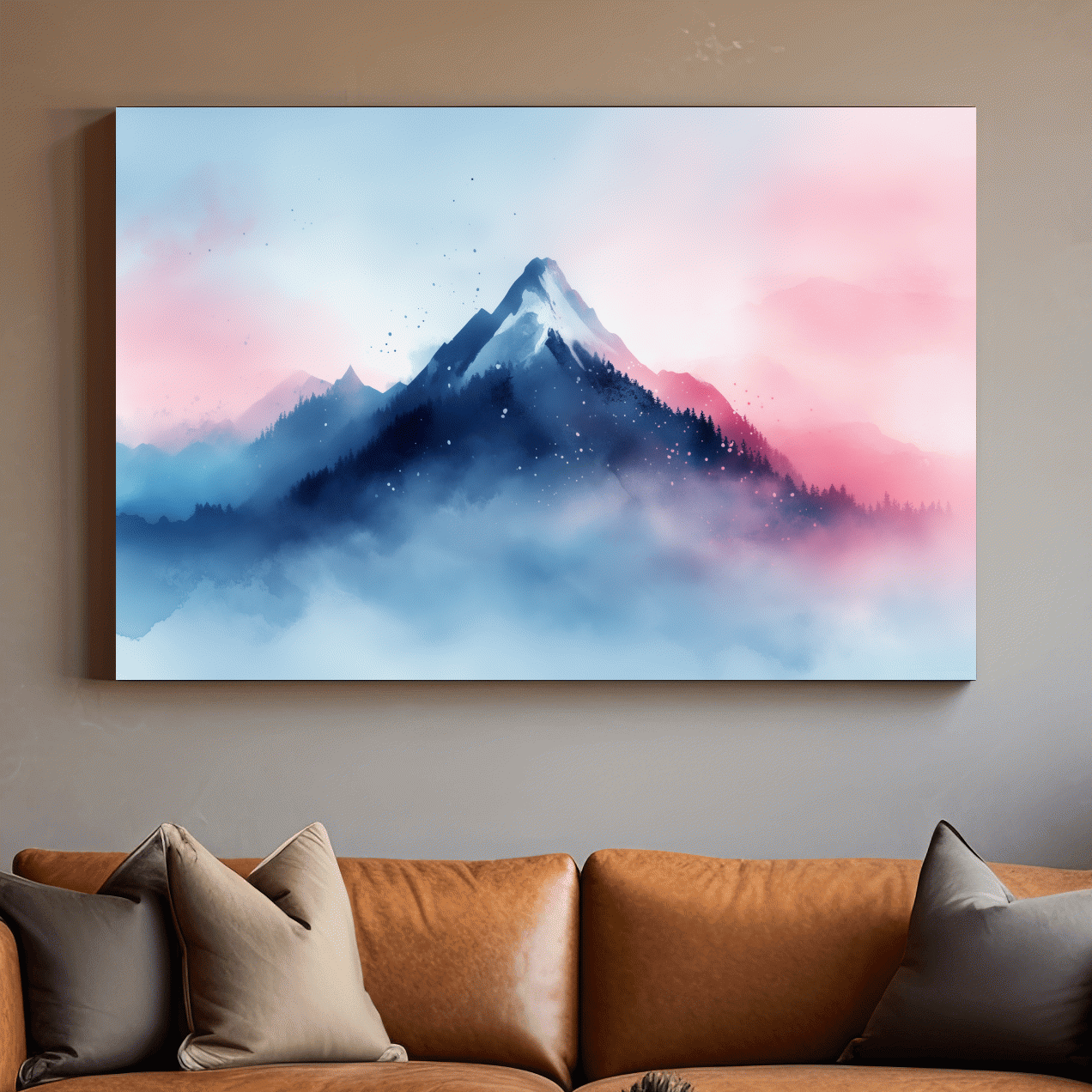 Dreamy mountain painting artwork, glacial peaks above the clouds in pastel hues