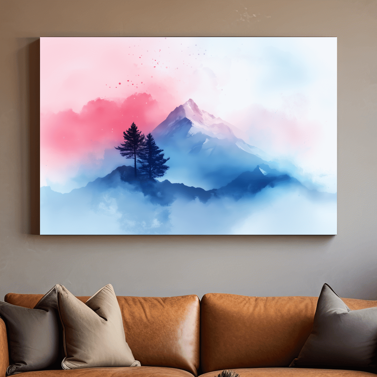 Serene mountain art painting, snowy glacier peaks, alpine trees and pastel clouds