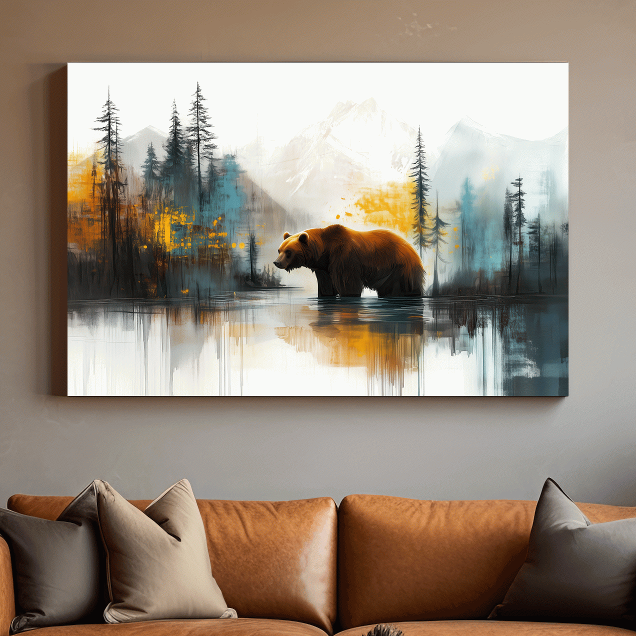 Grizzly bear textured wall art, colorful abstract painting artwork