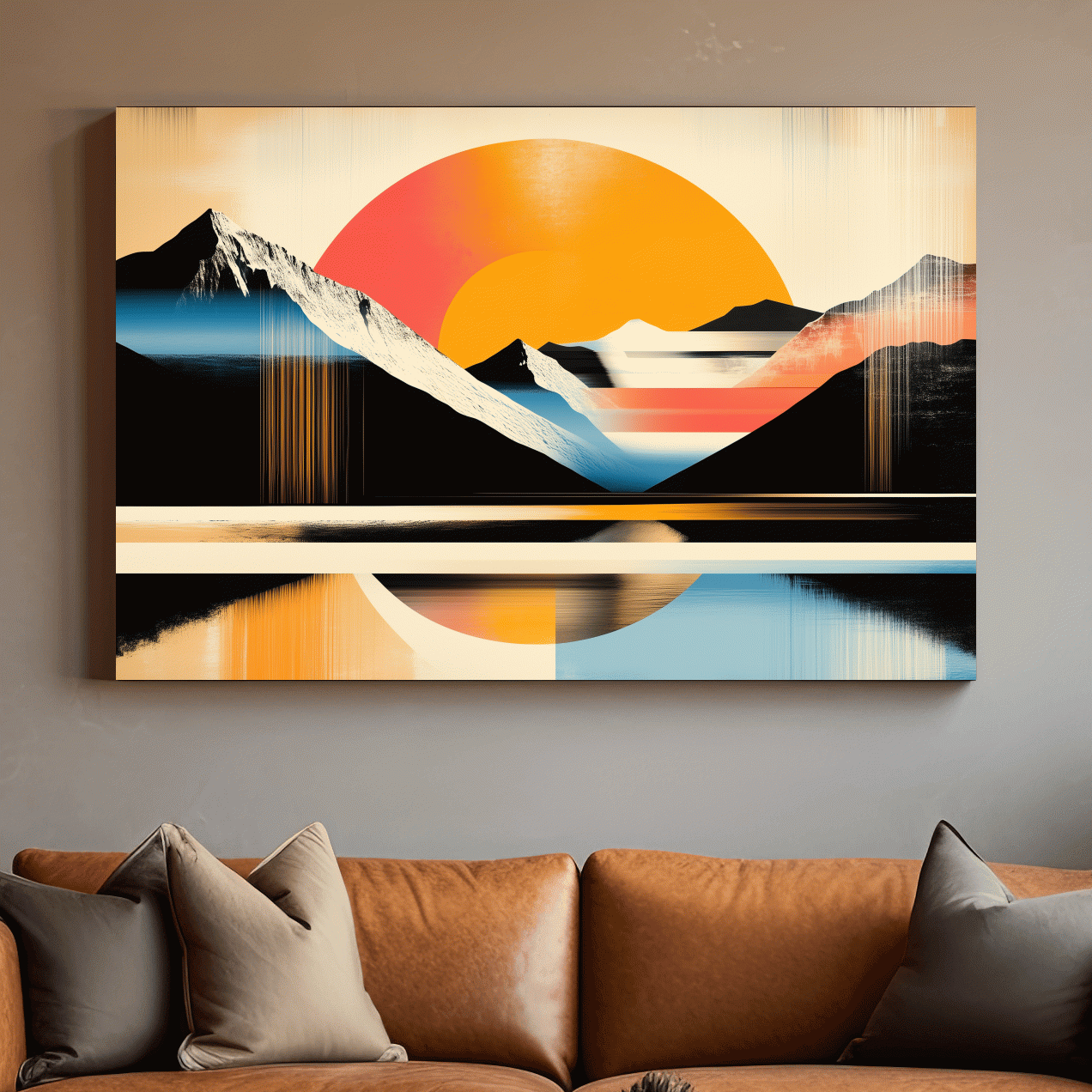 Abstract alpine mountain wall art, bold retro geometric landscape with vibrant colors