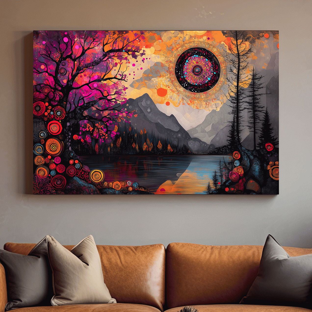 Psychedelic Mountain Lake Sunset Mandala - Vibrant Surreal Landscape Wall Art