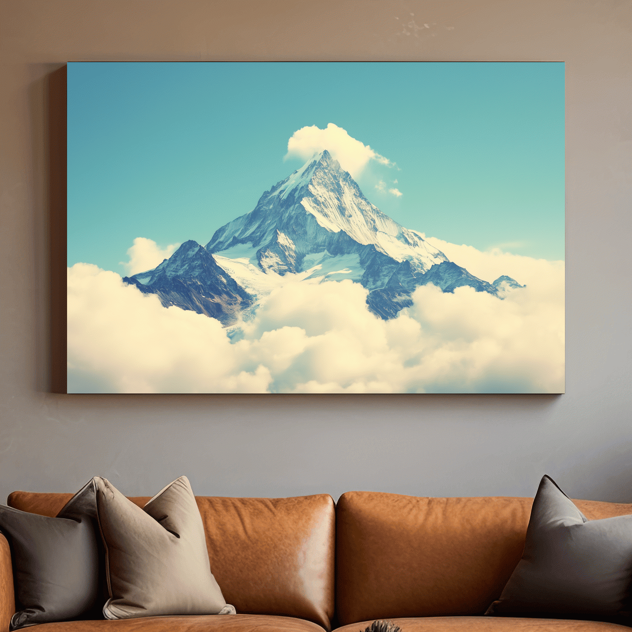 Minimal painting of a mountain peak emerging through clouds, serene artwork with soft blue sky