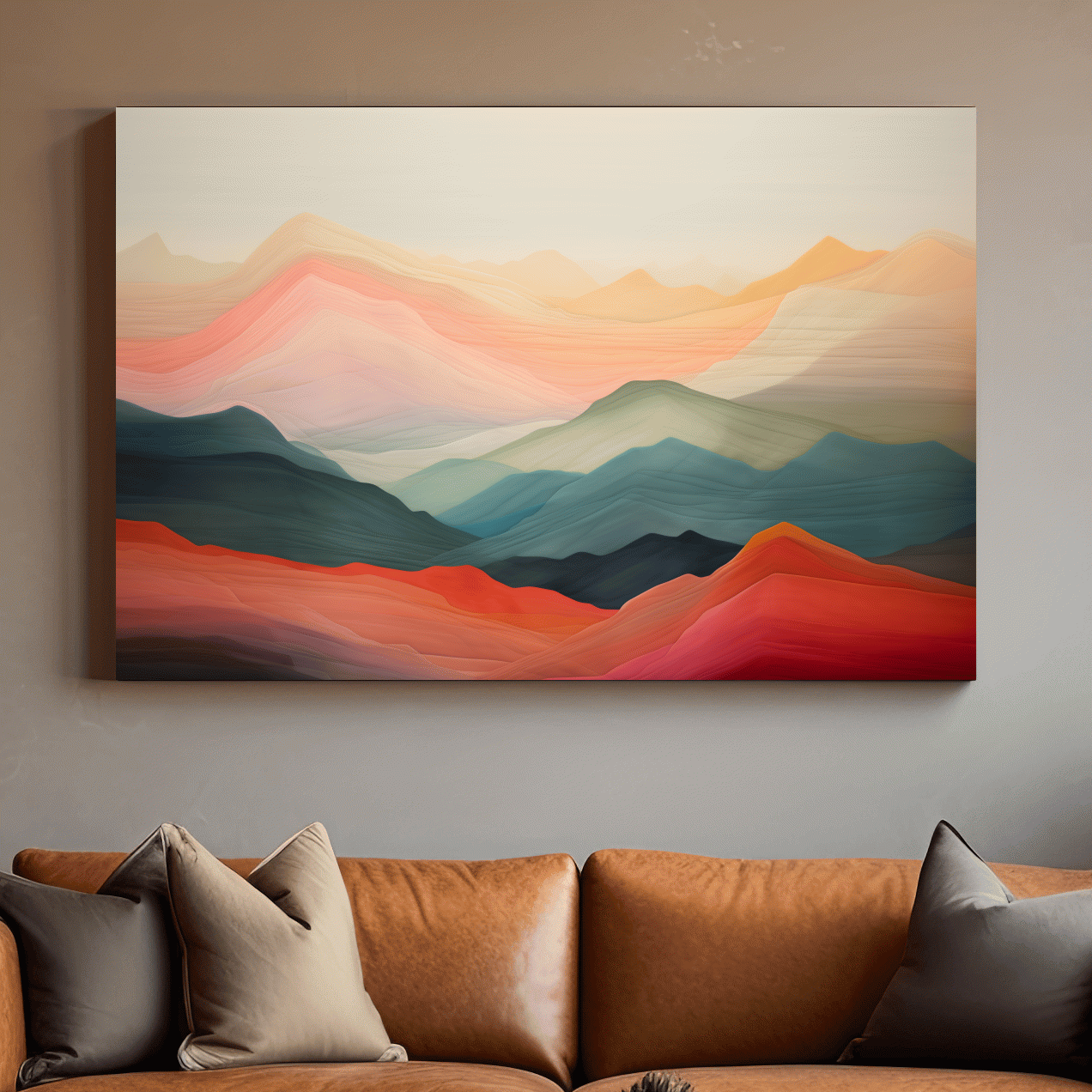 Dreamy pastel mountain landscape artwork, layered gradient painting effect