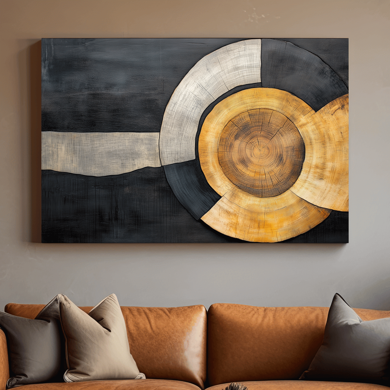 Wood grain cut log modern wall art, circular concentric design with earthy tones