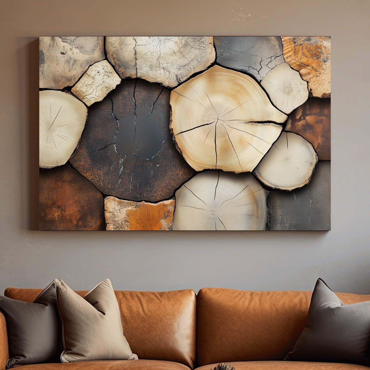 Rustic cut wooden log wall artwork, cracked texture effect canvas art