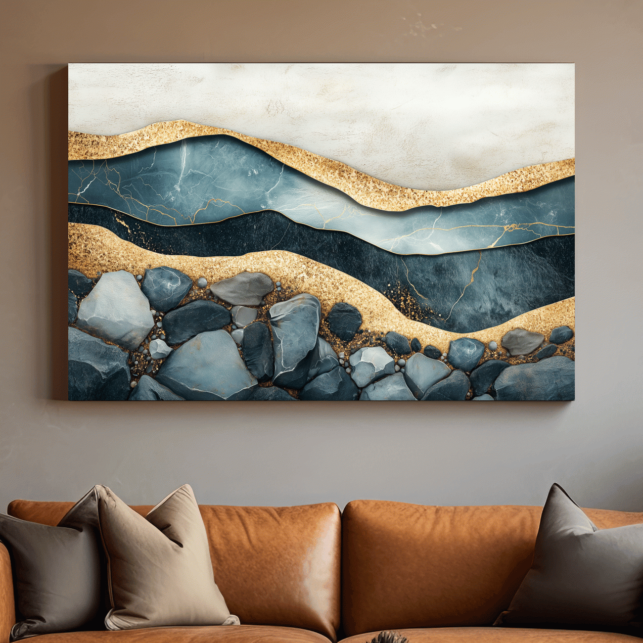Elegant riverbed sand and rock artwork, modern textured wall art with natural sediment layers