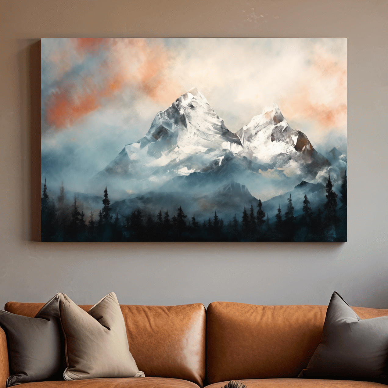 Misty Snowcapped Mountain Peaks Painting - Alpine Sunset Wall Art