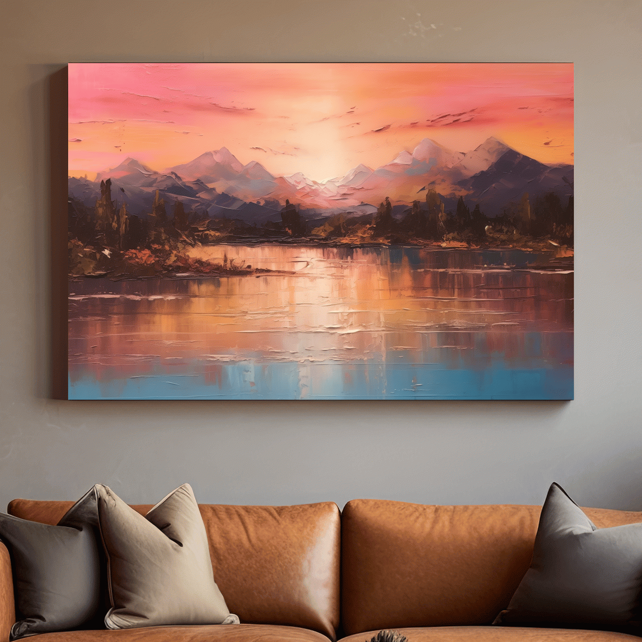 Sunset mountain lakeside painting, textured effect oil painting wall art print