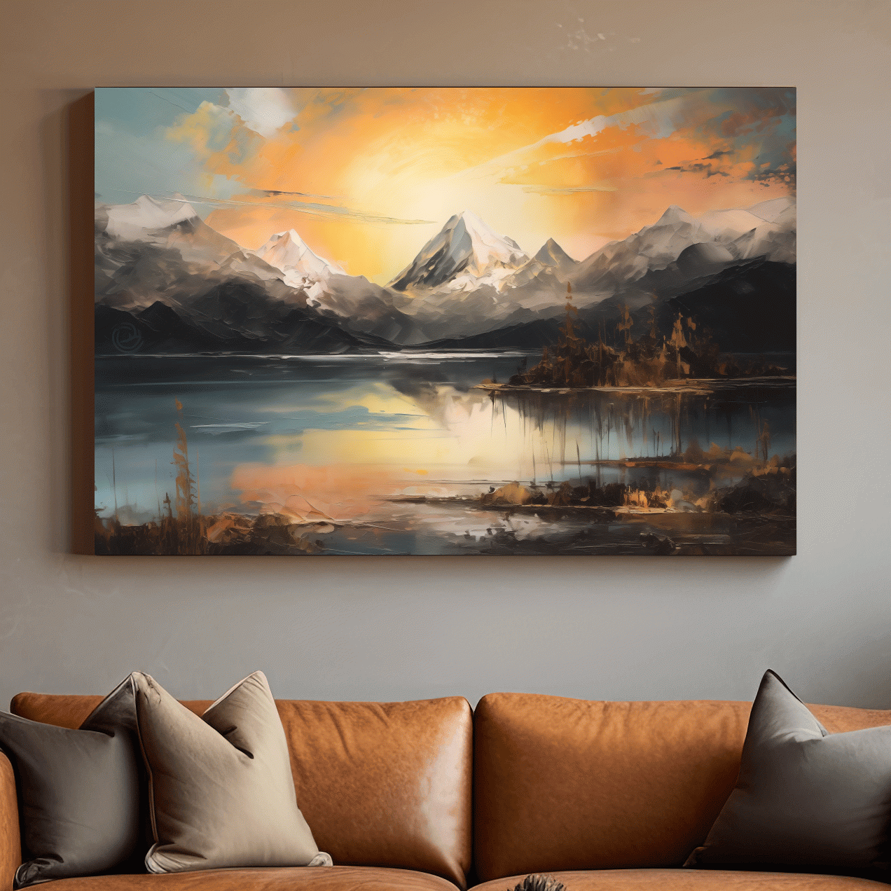 Alpine mountain sunrise over a tranquil lake, dramatic oil painting wall art