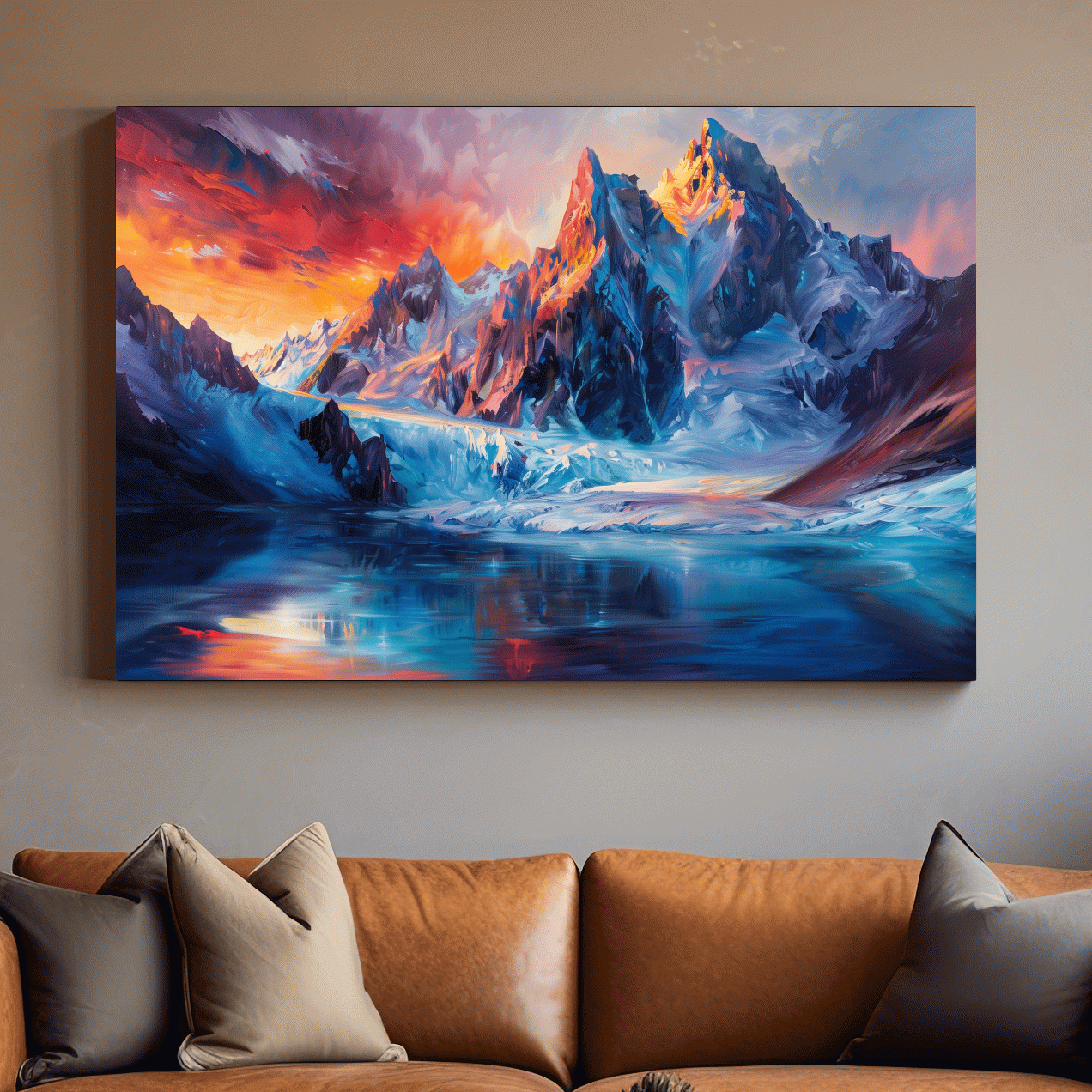 Vibrant Glacial Sunset Impressionism Painting - Dramatic Alpine Mountain Wall Art