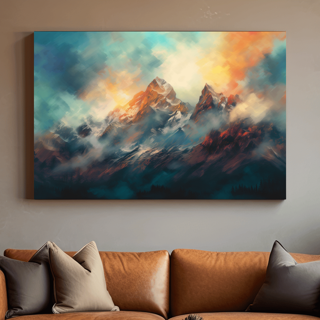 Abstract Sunrise Mountain Peaks Painting - Colorful Alpine Landscape Wall Art