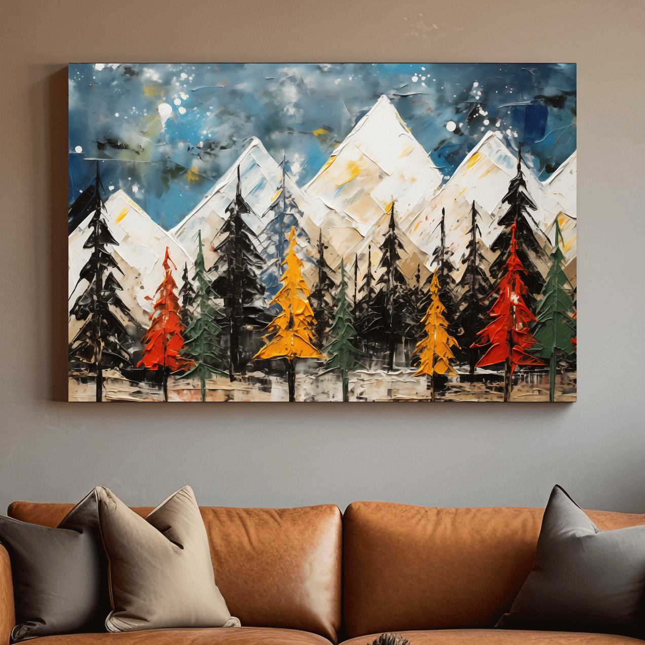 Thick abstract oil painting print, treeline by the mountains