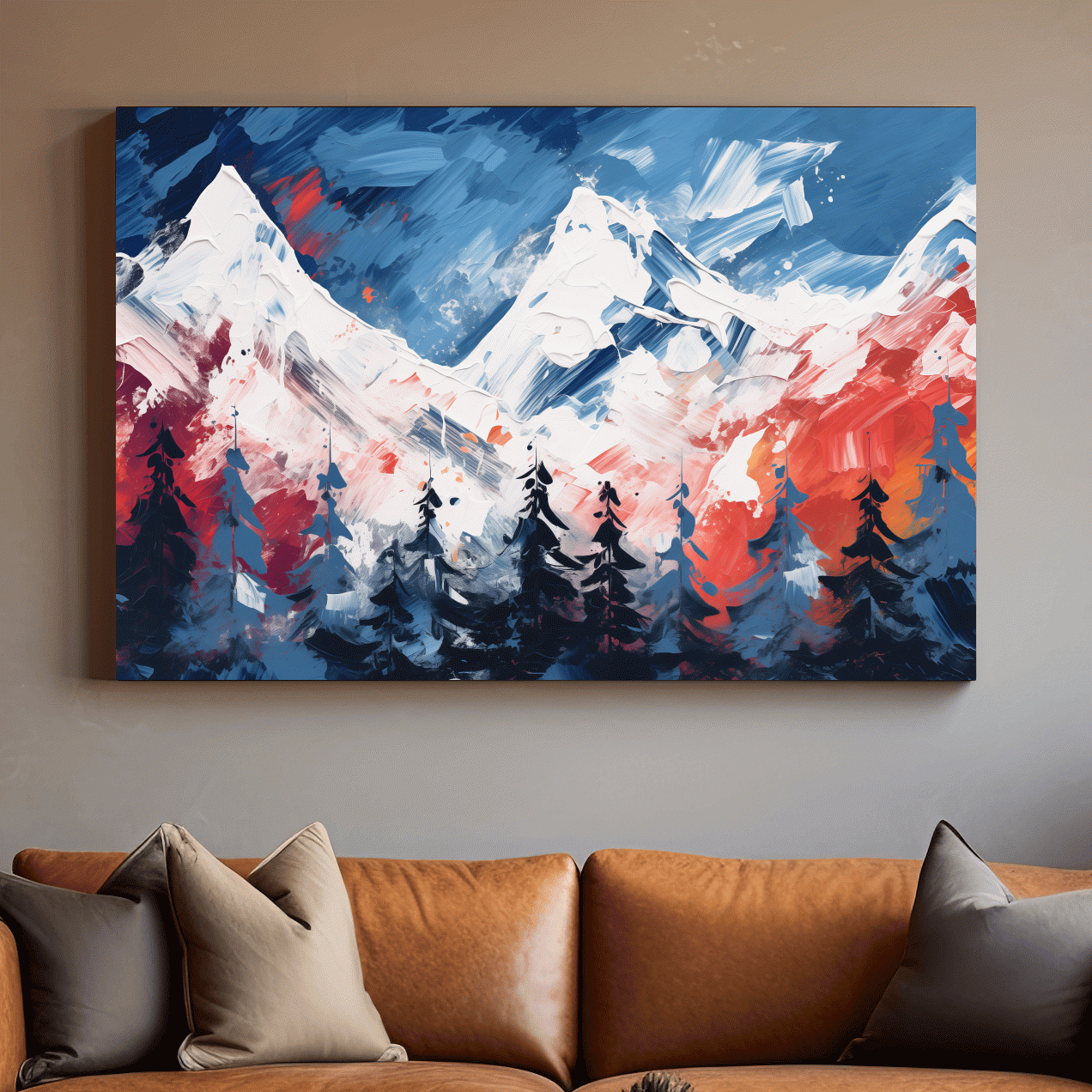 Bold rustic abstract mountain artwork, vibrant brushstroke painting of snowy peaks and forest